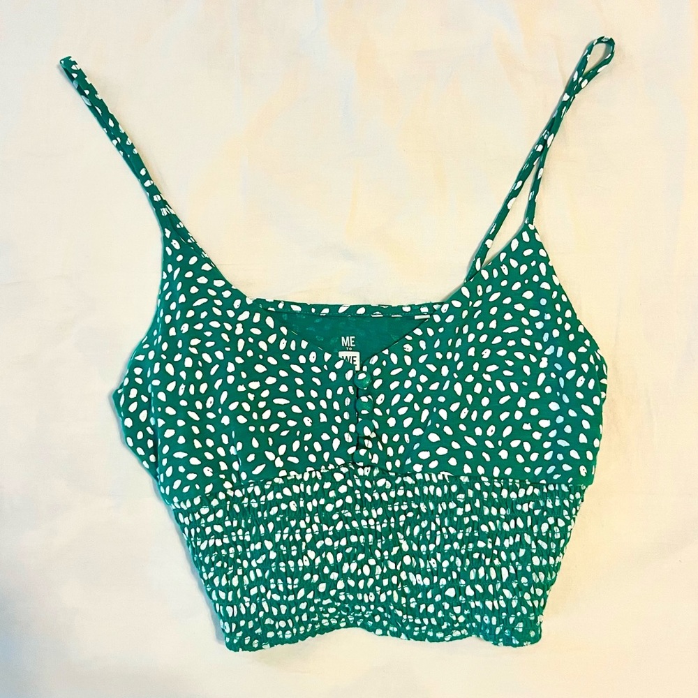 me to we green and white polka dot tank top